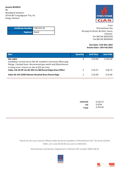 Vietnam Petrovietnam Gas business utility bill template in Word and PDF formats